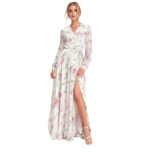 Lulu's Glam White Floral Print Maxi Wrap Dress Bishop Sleeves New With Tags M